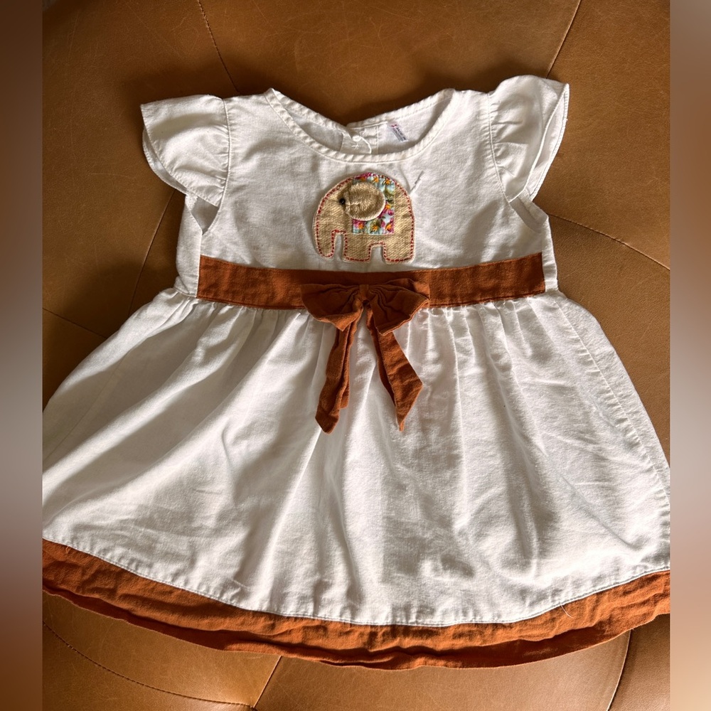 White and Rust Brown Kids Dress with Elephant Design, 2-3Y